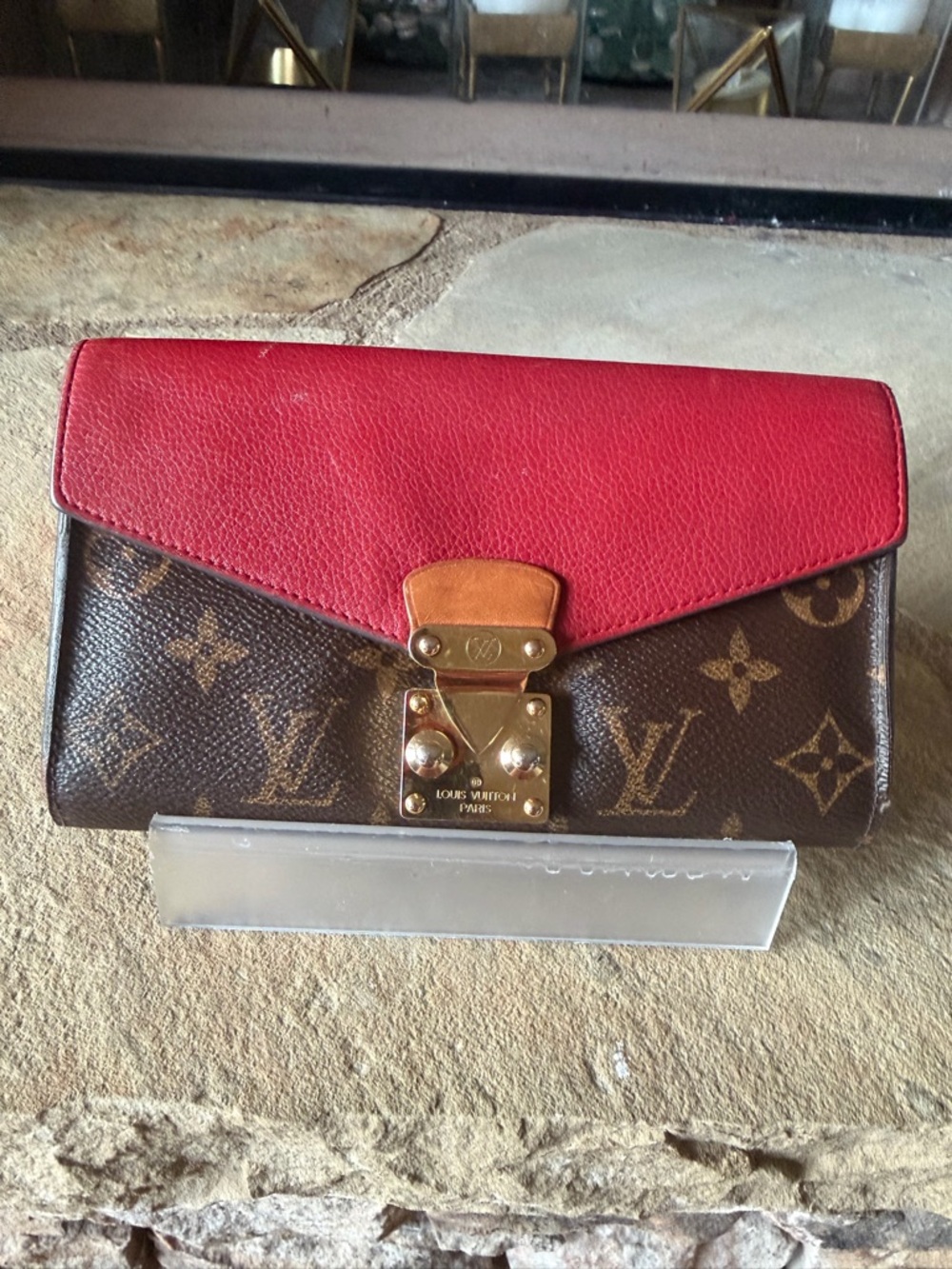 Louis Vuitton Red and Brown Monogram Envelope Wallet with Gold Hardware